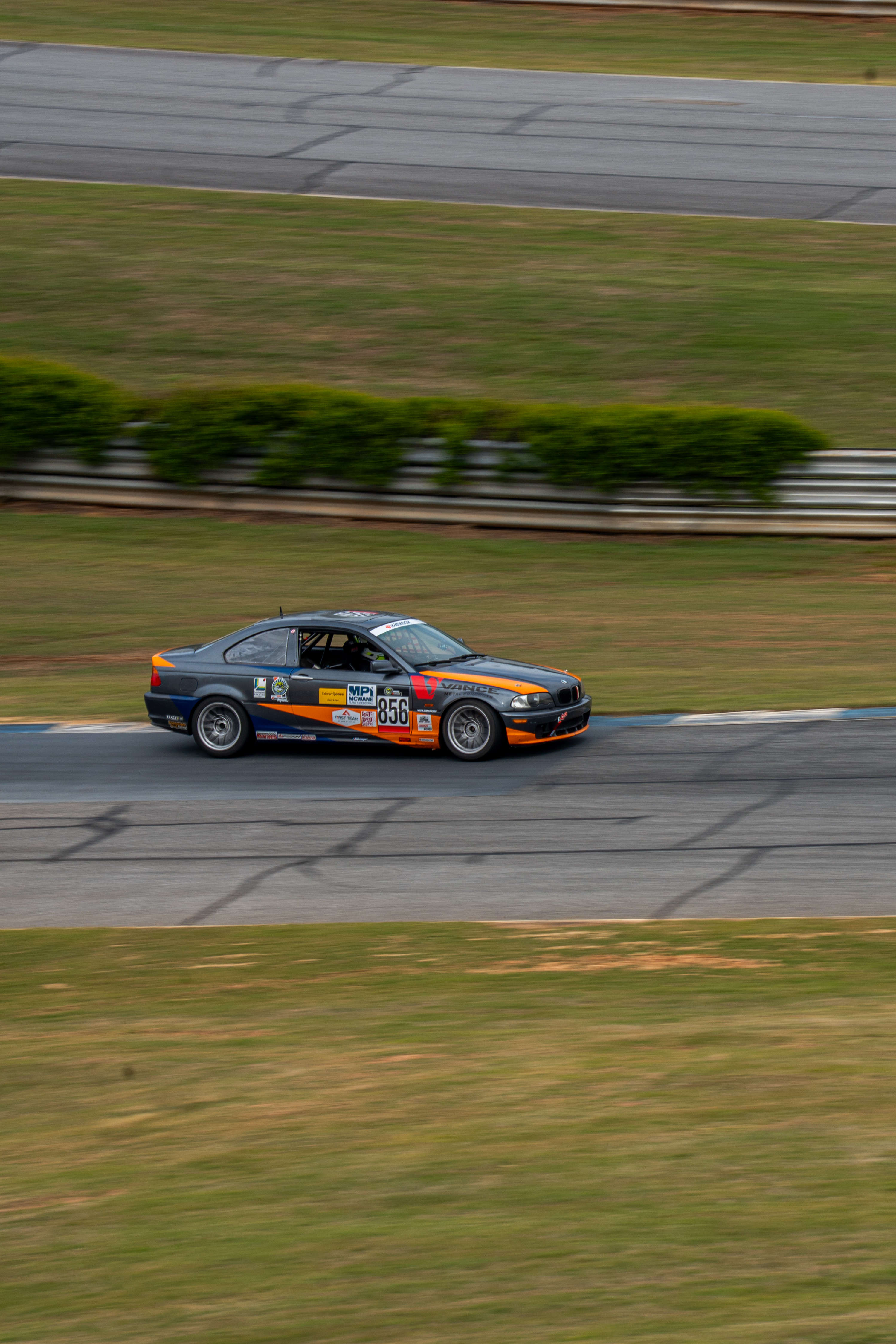 AUA E46 driving on track 3/4ths view of front