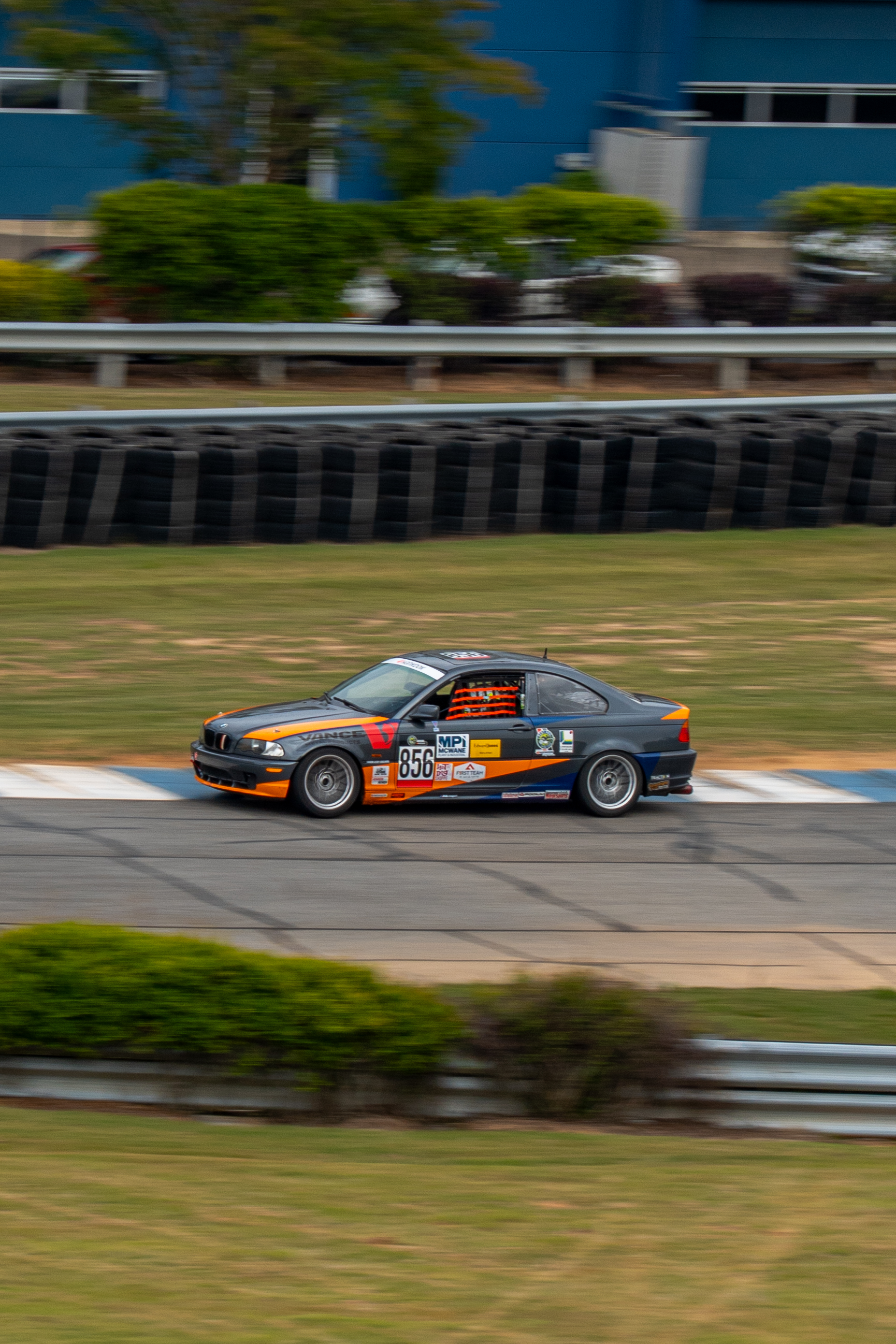 AUA E46 driving on track 3/4ths view of front