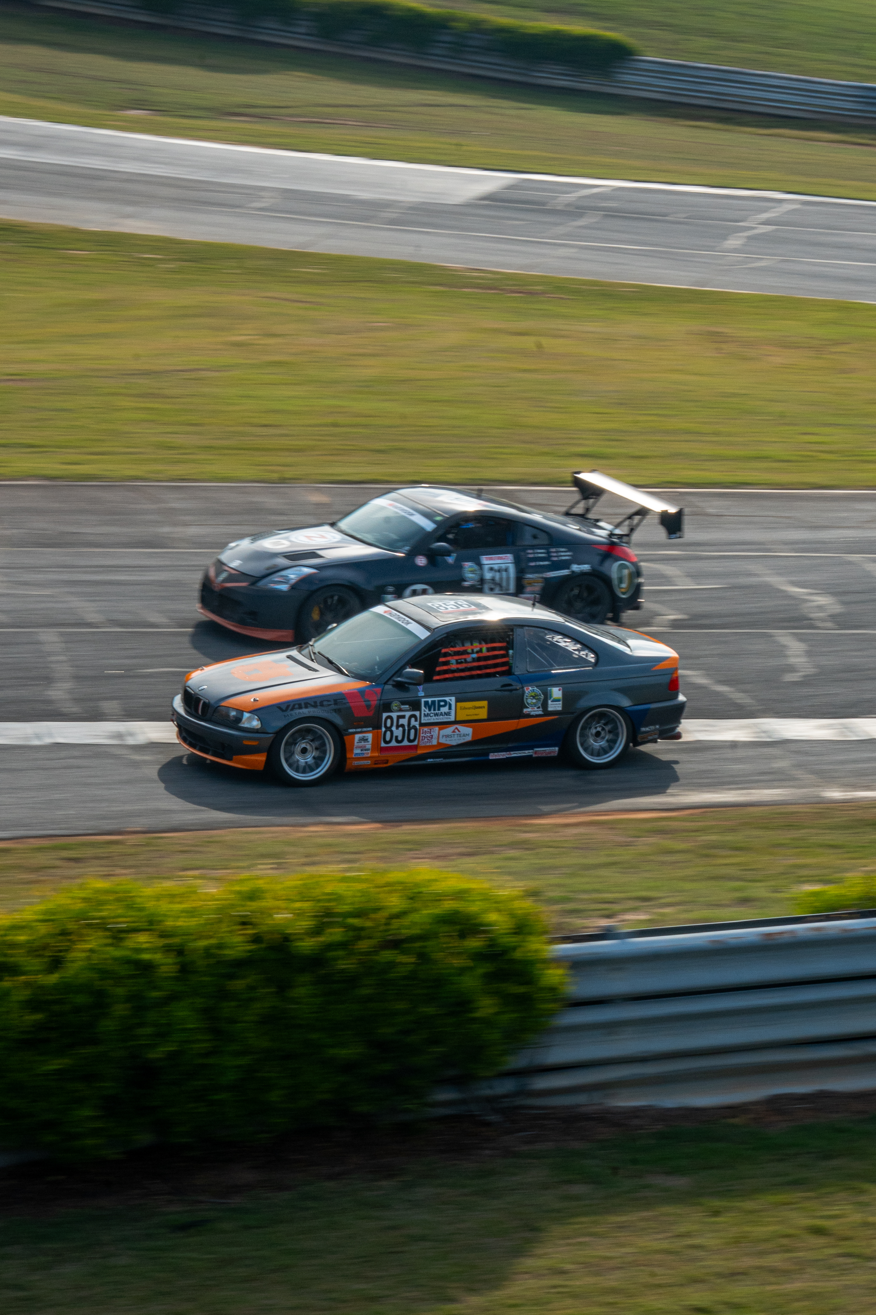 AUA E46 driving on track 3/4ths view of front