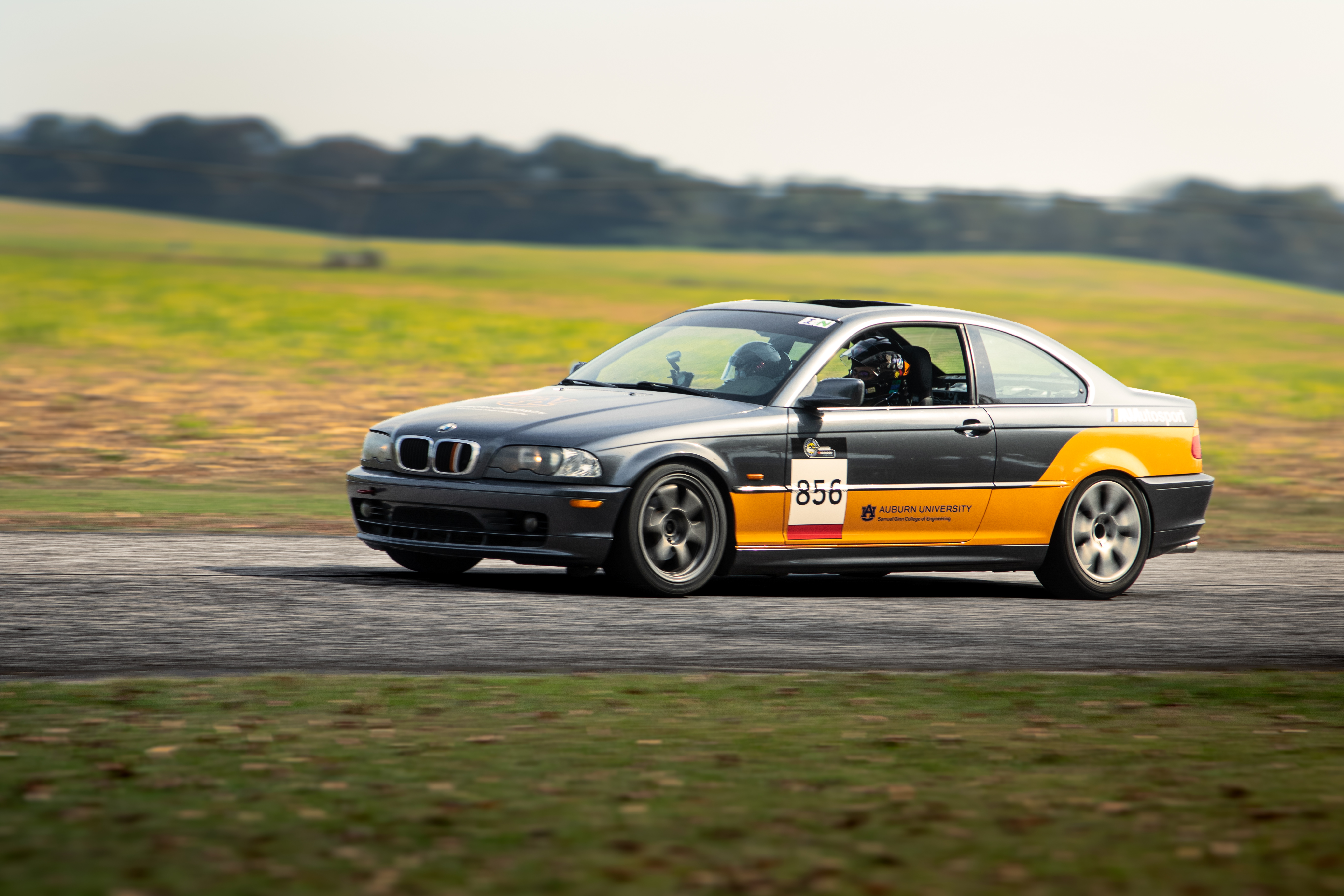 AUA E46 driving on track 3/4ths view of front